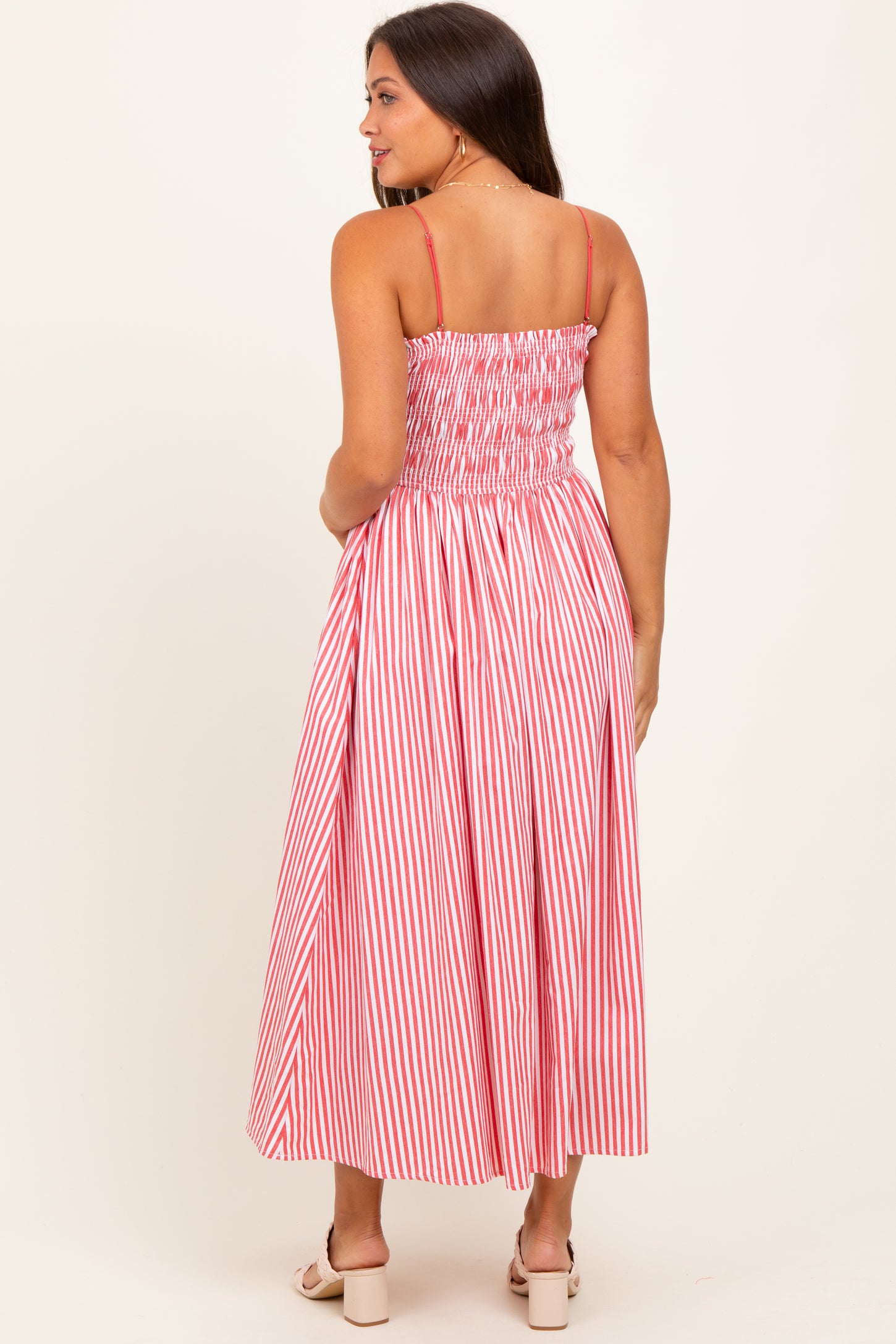 Red Striped Smocked Maternity Midi Dress