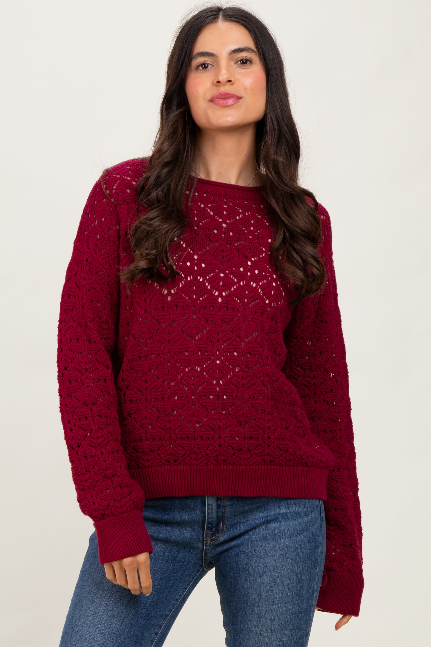 Burgundy Crochet Knit Drop Shoulder Sweater