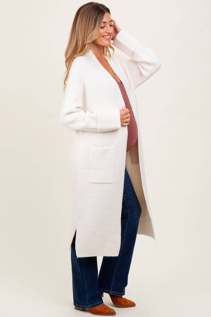 Ivory Ribbed Chunky Knit Long Oversized Maternity Cardigan