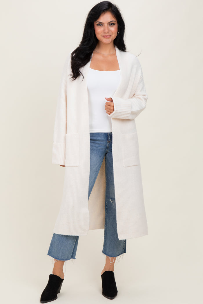 Ivory Ribbed Chunky Knit Long Oversized Maternity Cardigan
