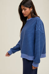 Blue Striped Knit Relaxed Fit Pullover