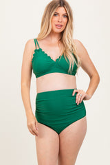 Green Scalloped V-Neck High Waist Two-Piece Maternity Swimsuit