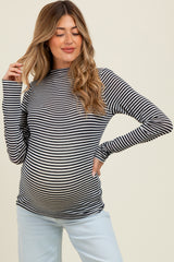 Navy Striped High Neck Maternity Long Sleeve Top