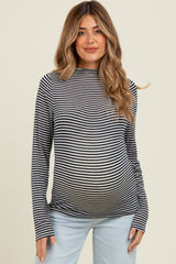 Navy Striped High Neck Maternity Long Sleeve Top