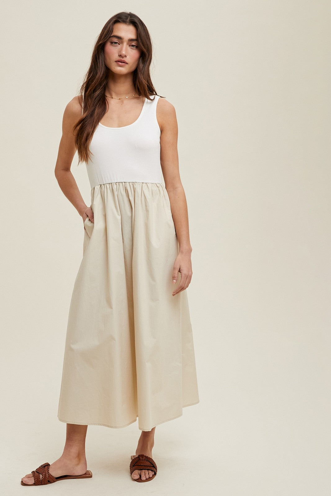 White Knit Contrast Top Sleeveless Midi Dress