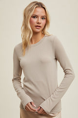 Beige Ribbed Long Sleeve Top
