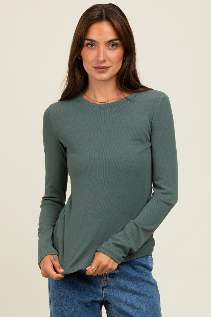 Green Ribbed Maternity Long Sleeve Top