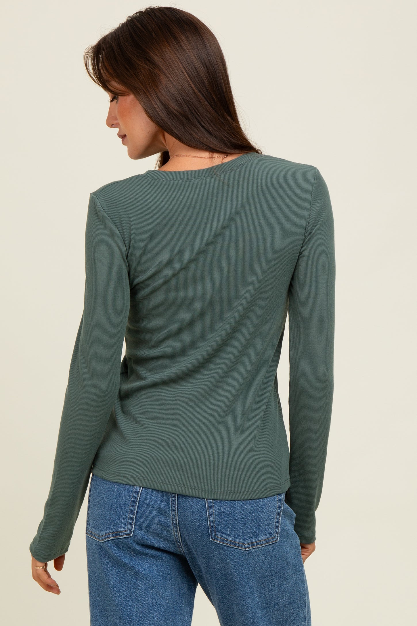 Green Ribbed Long Sleeve Top