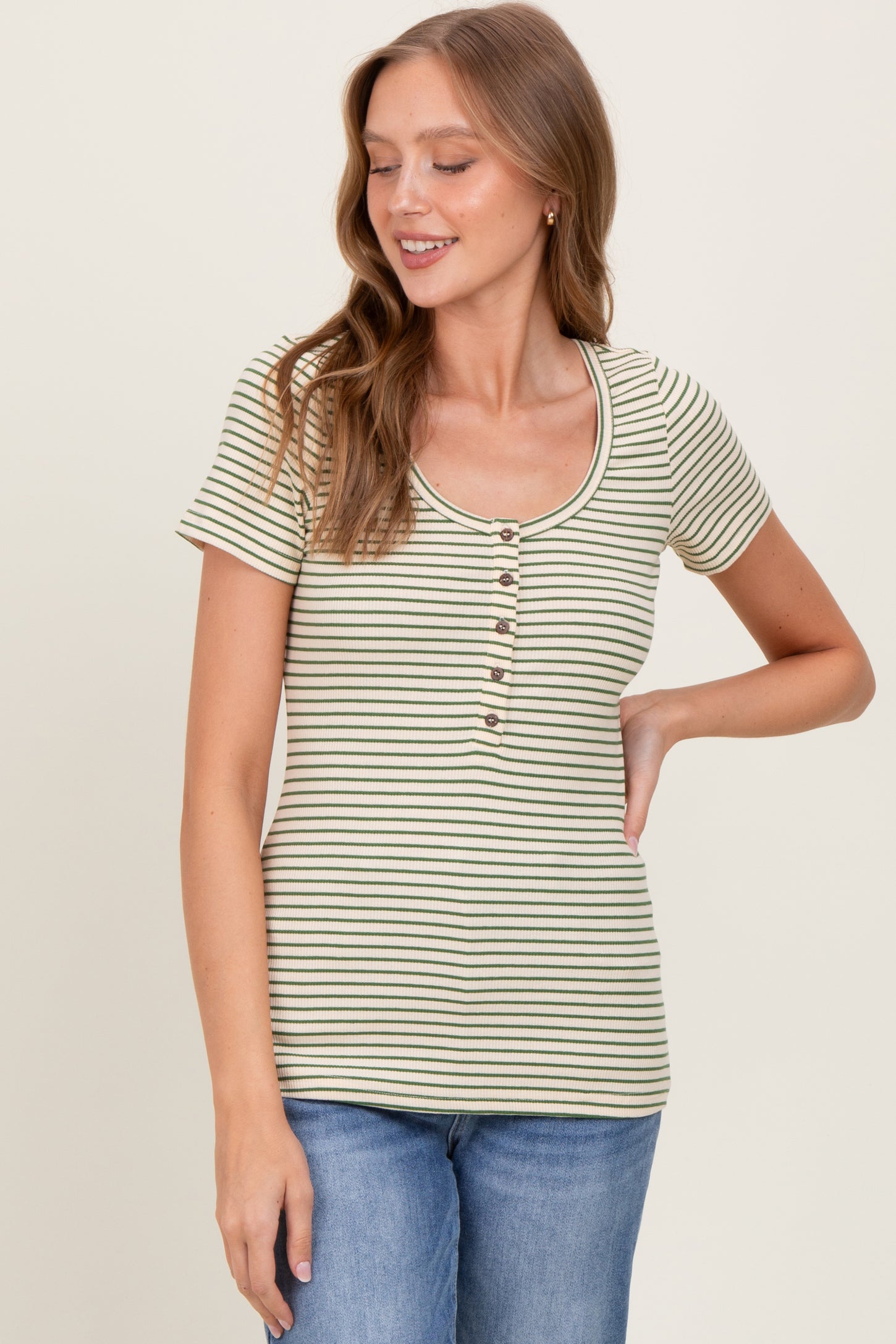 Green Striped Fitted Short Sleeve Top
