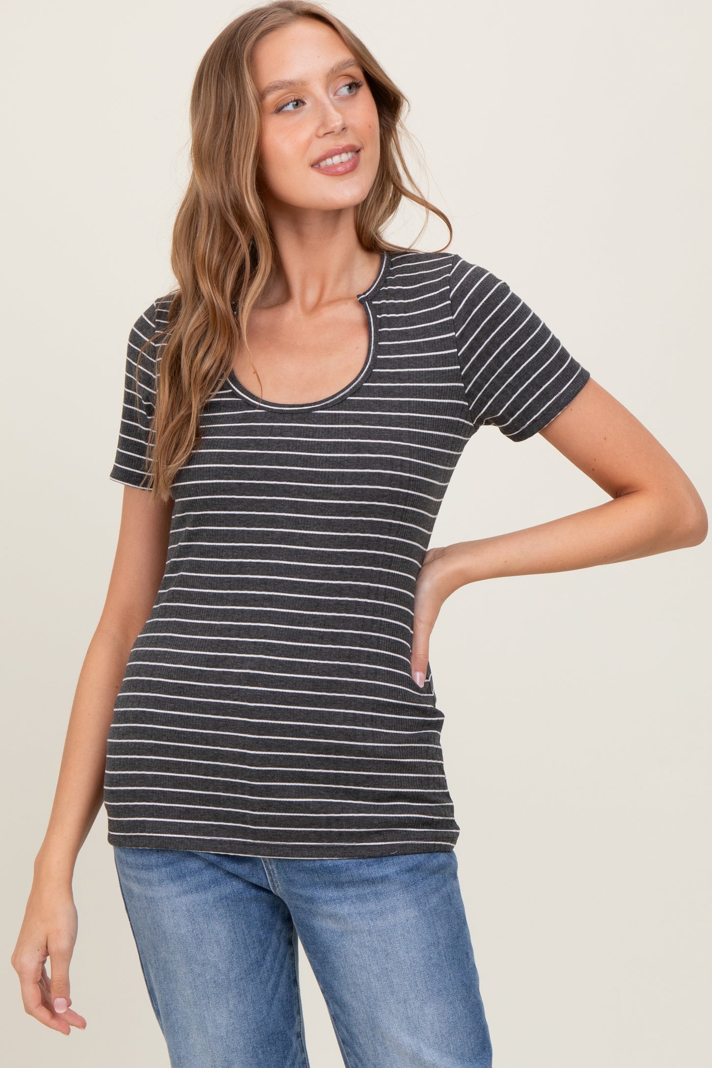 Charcoal Ribbed Striped Short Sleeve Maternity Top