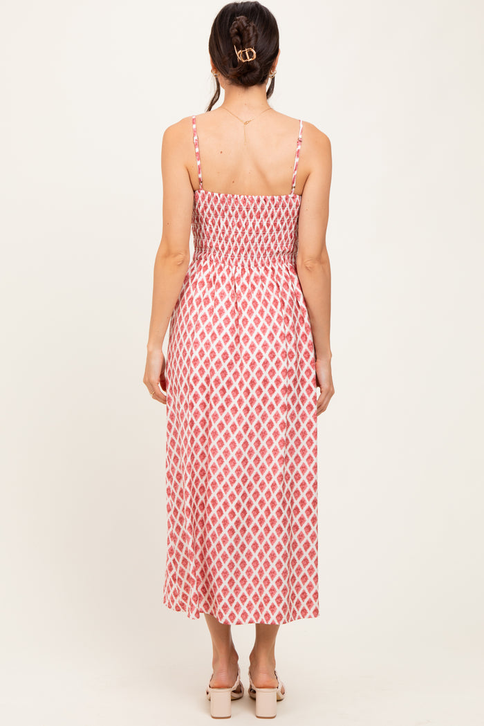 Pink Diamond Print Smocked Midi Dress
