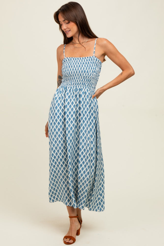 Blue Diamond Print Smocked Maternity Midi Dress
