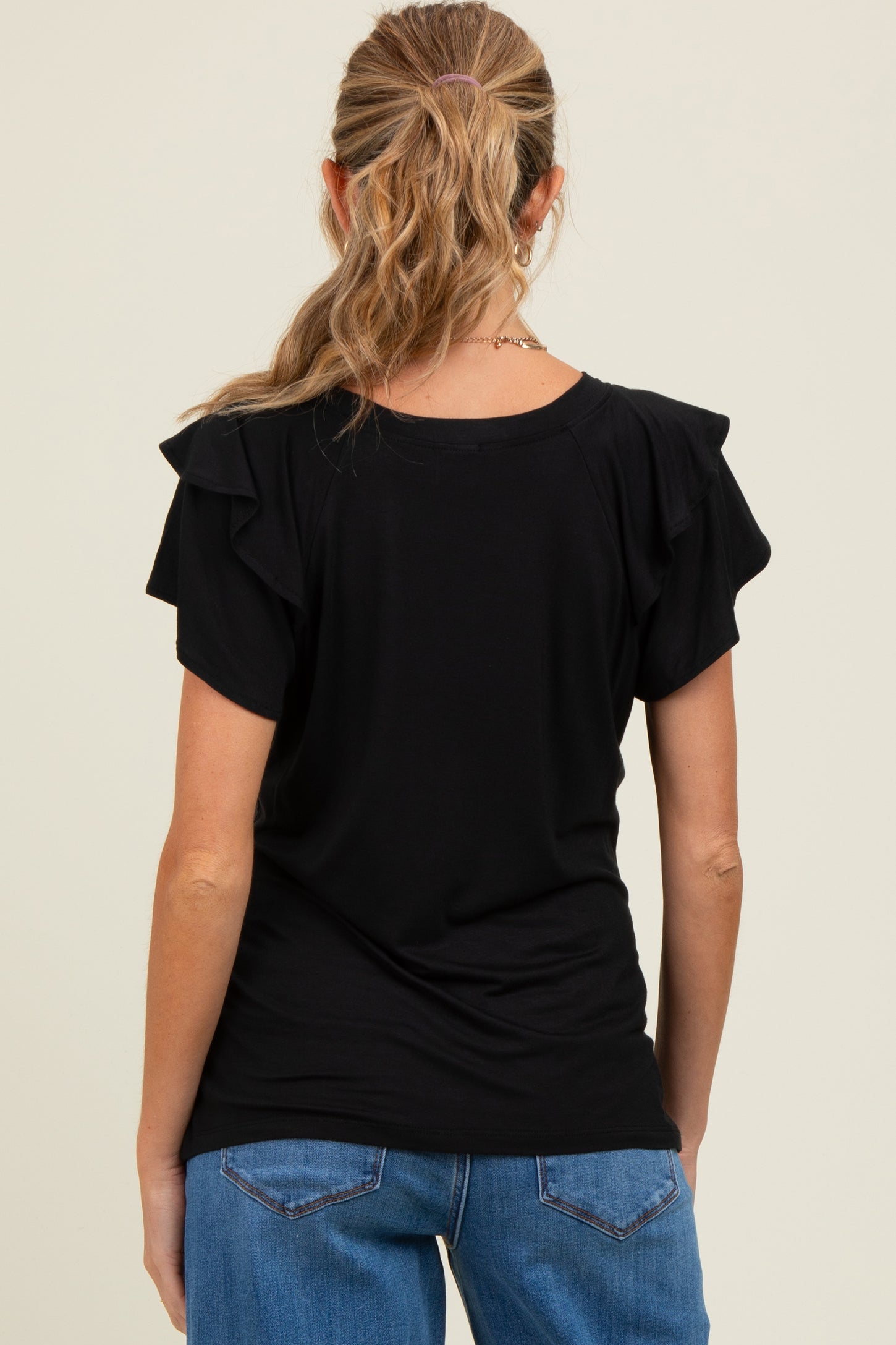 Black Double Ruffle Sleeve Maternity T-Shirt