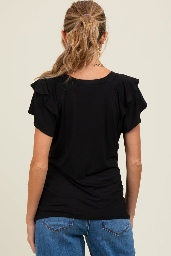 woman wearing a black short sleeve maternity top with ruffle sleeves, viewed from the back