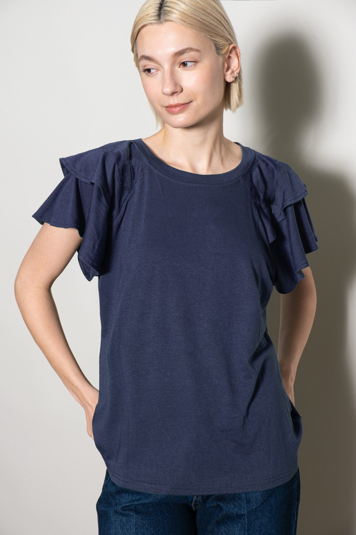 Navy Double Ruffle Sleeve Maternity T-Shirt