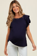 Navy Double Ruffle Sleeve Maternity T-Shirt