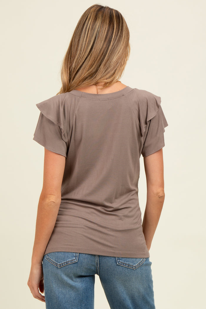Taupe Double Ruffle Sleeve Maternity T-Shirt