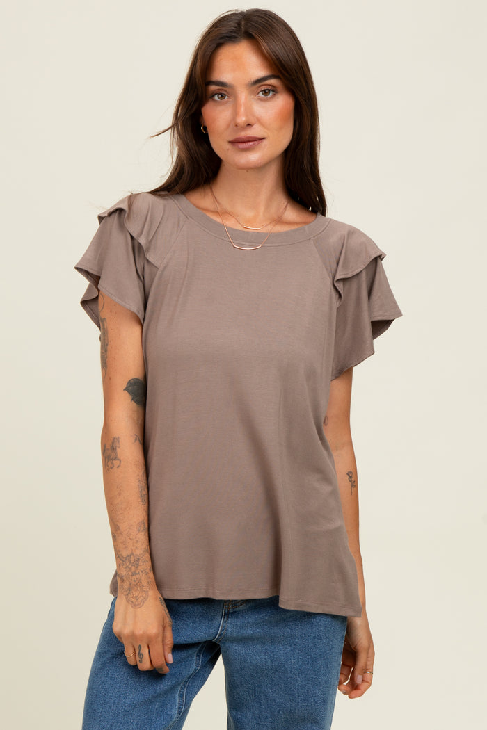 Taupe Double Ruffle Sleeve Maternity T-Shirt