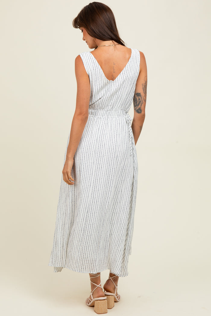 Ivory Dotted Stripe Side Tie Sleeveless Midi Dress