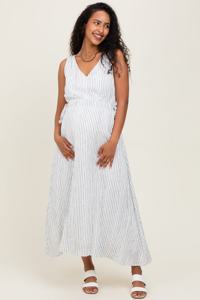 Ivory Dotted Stripe Side Tie Sleeveless Maternity Midi Dress