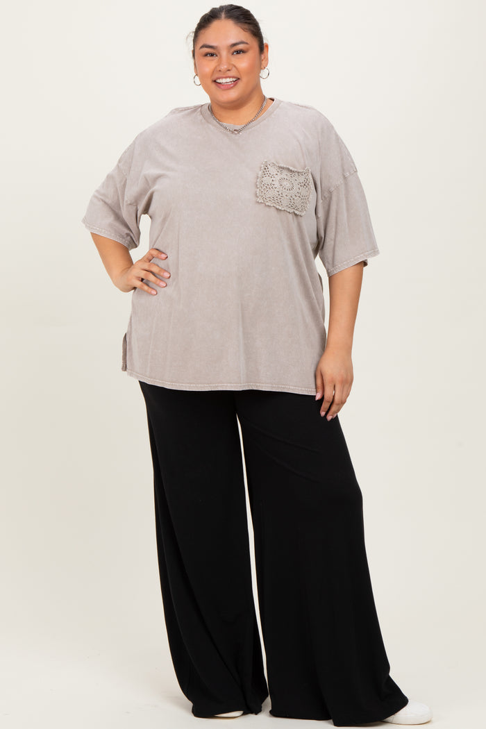 Taupe Mineral Wash Crochet Pocket Maternity Plus Top