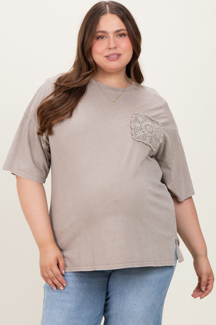 Taupe Mineral Wash Crochet Pocket Maternity Plus Top