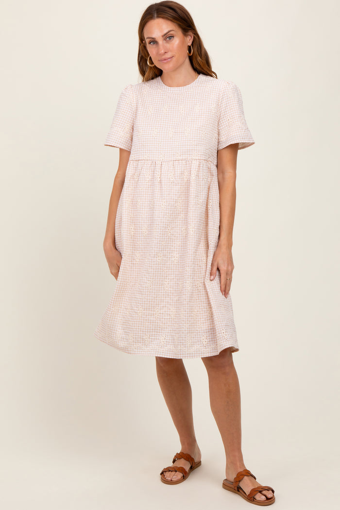 Beige Gingham Short Sleeve Maternity Dress
