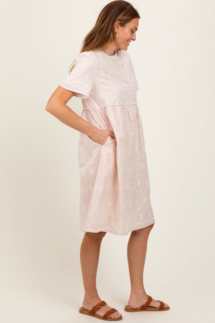 Beige Gingham Short Sleeve Dress