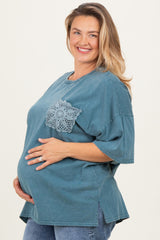 Deep Teal Mineral Wash Crochet Pocket Maternity Plus Top