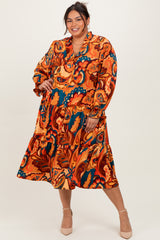 Peach Paisley V-Neck Long Sleeve Tiered Maternity Plus Maxi Dress
