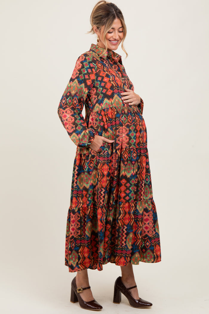 Black Printed Button Detail Tiered Maternity Midi Dress