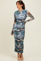 Blue Floral Mesh Overlay Ruched Midi Dress