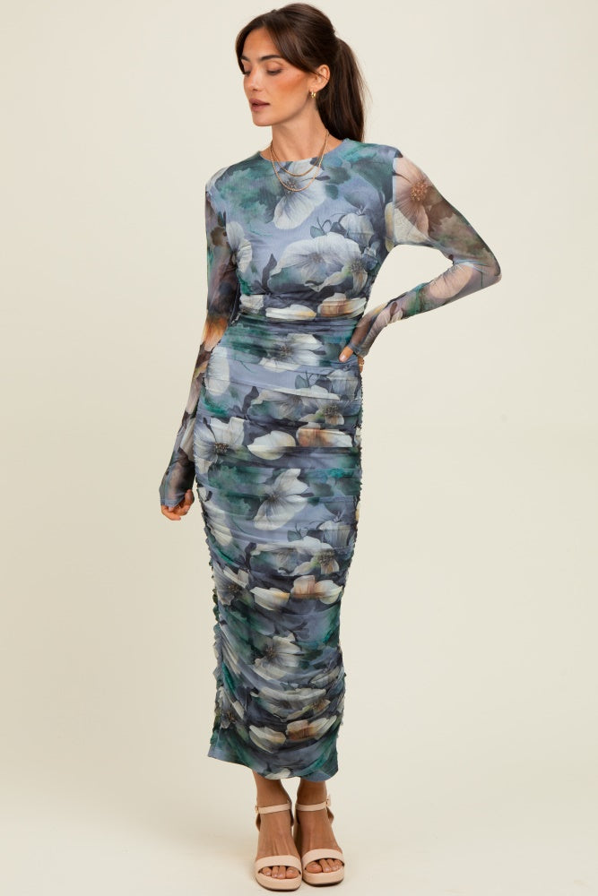 Blue Floral Mesh Overlay Ruched Midi Dress