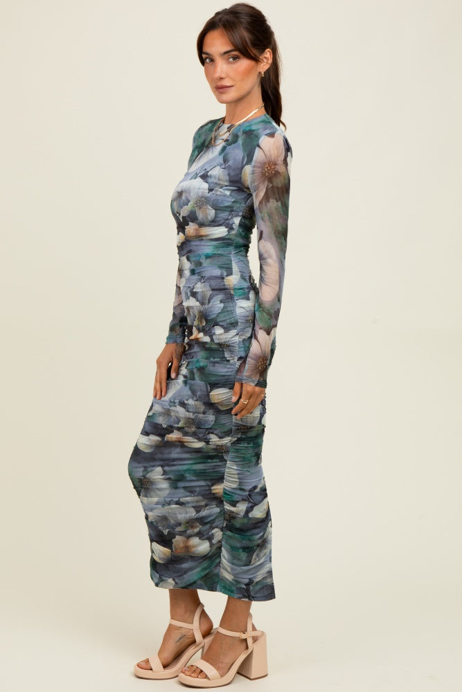 Blue Floral Mesh Overlay Ruched Midi Dress