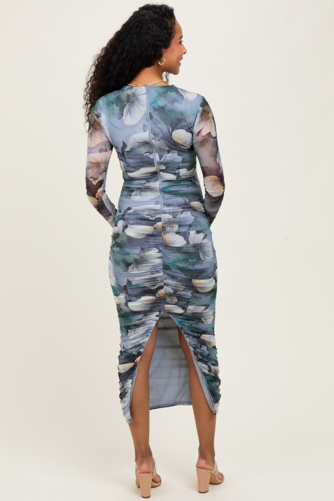 Blue Floral Mesh Overlay Ruched Maternity Midi Dress