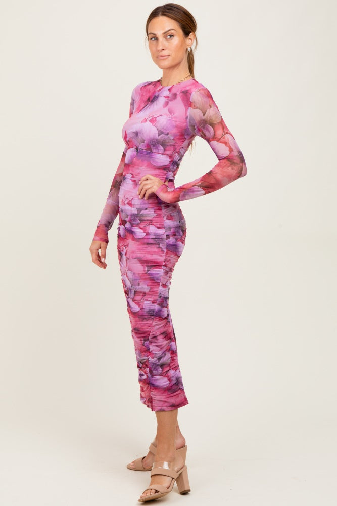 Fuchsia Floral Mesh Overlay Ruched Midi Dress