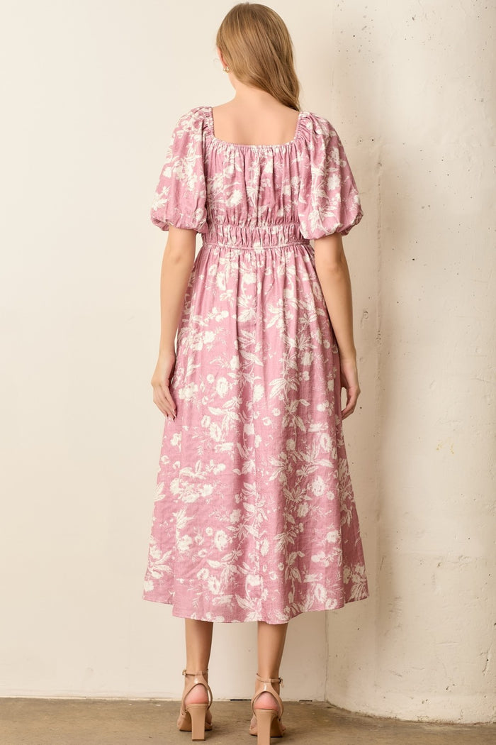 Pink Floral Puff Sleeve Smocked Waist Midi Dress