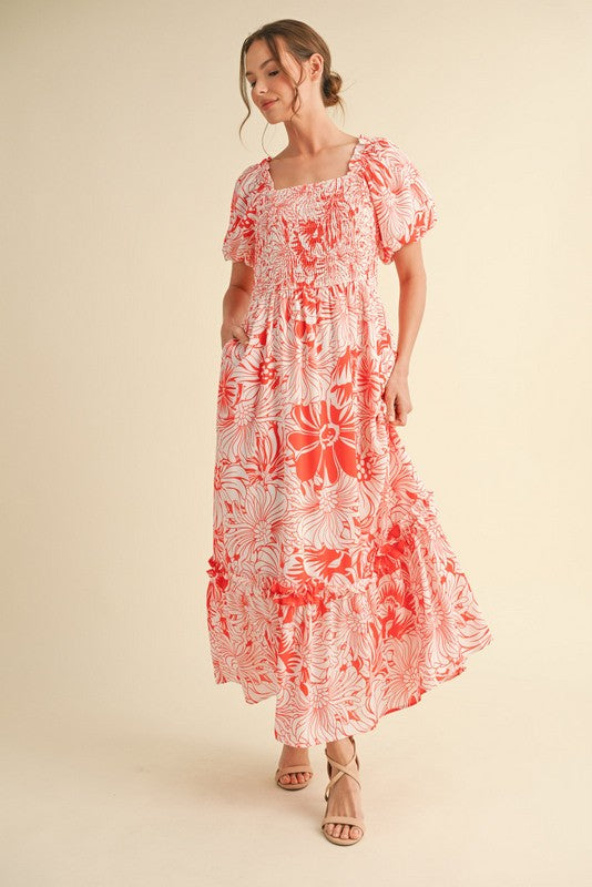 Coral Floral Print Smocked Bodice Maternity Maxi Dress