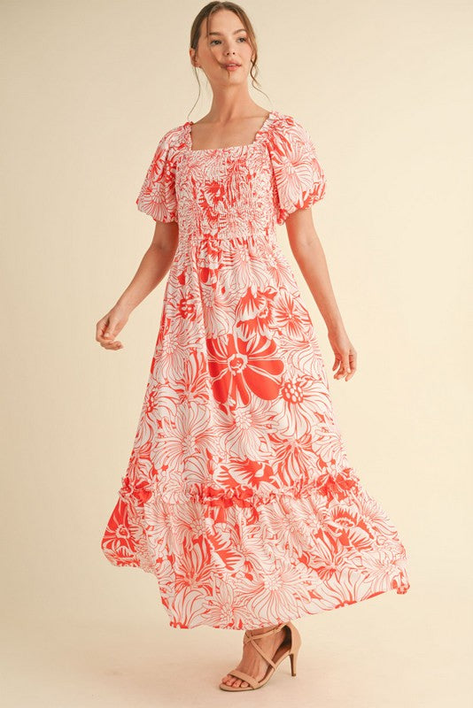 Coral Floral Print Smocked Bodice Maxi Dress