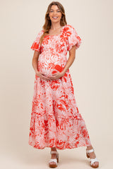 Coral Floral Print Smocked Bodice Maternity Maxi Dress