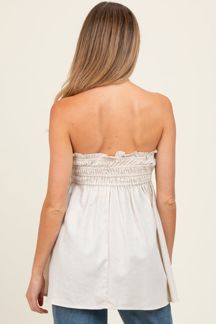 Beige Linen Ruched Strapless Tube Tunic Maternity Top