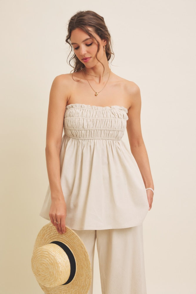 Beige Linen Ruched Strapless Tube Tunic Top