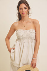 Beige Linen Ruched Strapless Tube Tunic Top