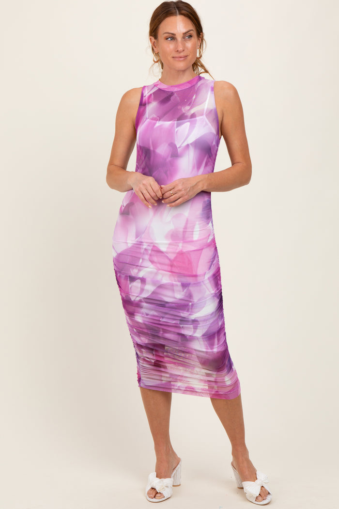 Purple Printed Mesh Overlay Sleeveless Fitted Maternity Midi Dress