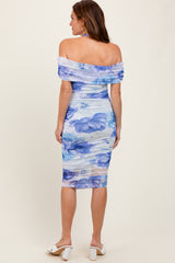 Blue Floral Mesh Off Shoulder Halter Midi Dress