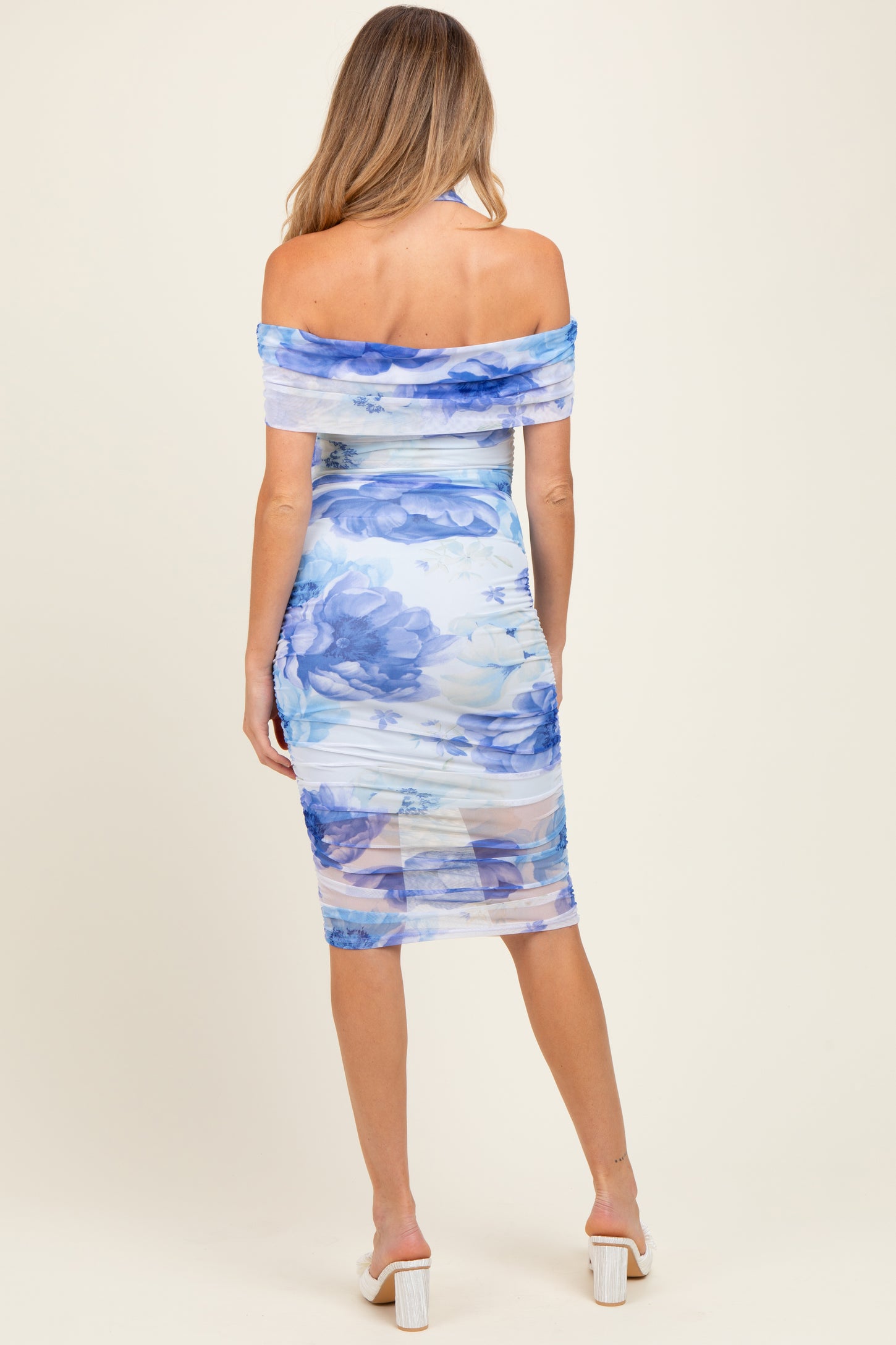 Blue Floral Mesh Off Shoulder Halter Maternity Midi Dress