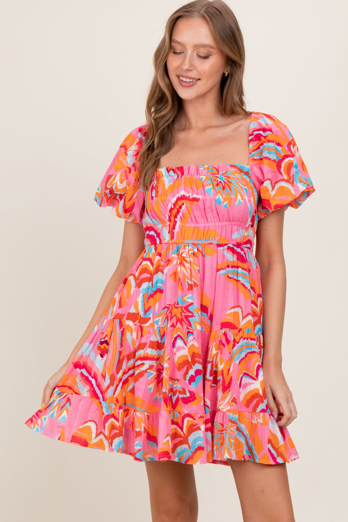 Pink Printed Smocked Puff Sleeve Mini Dress