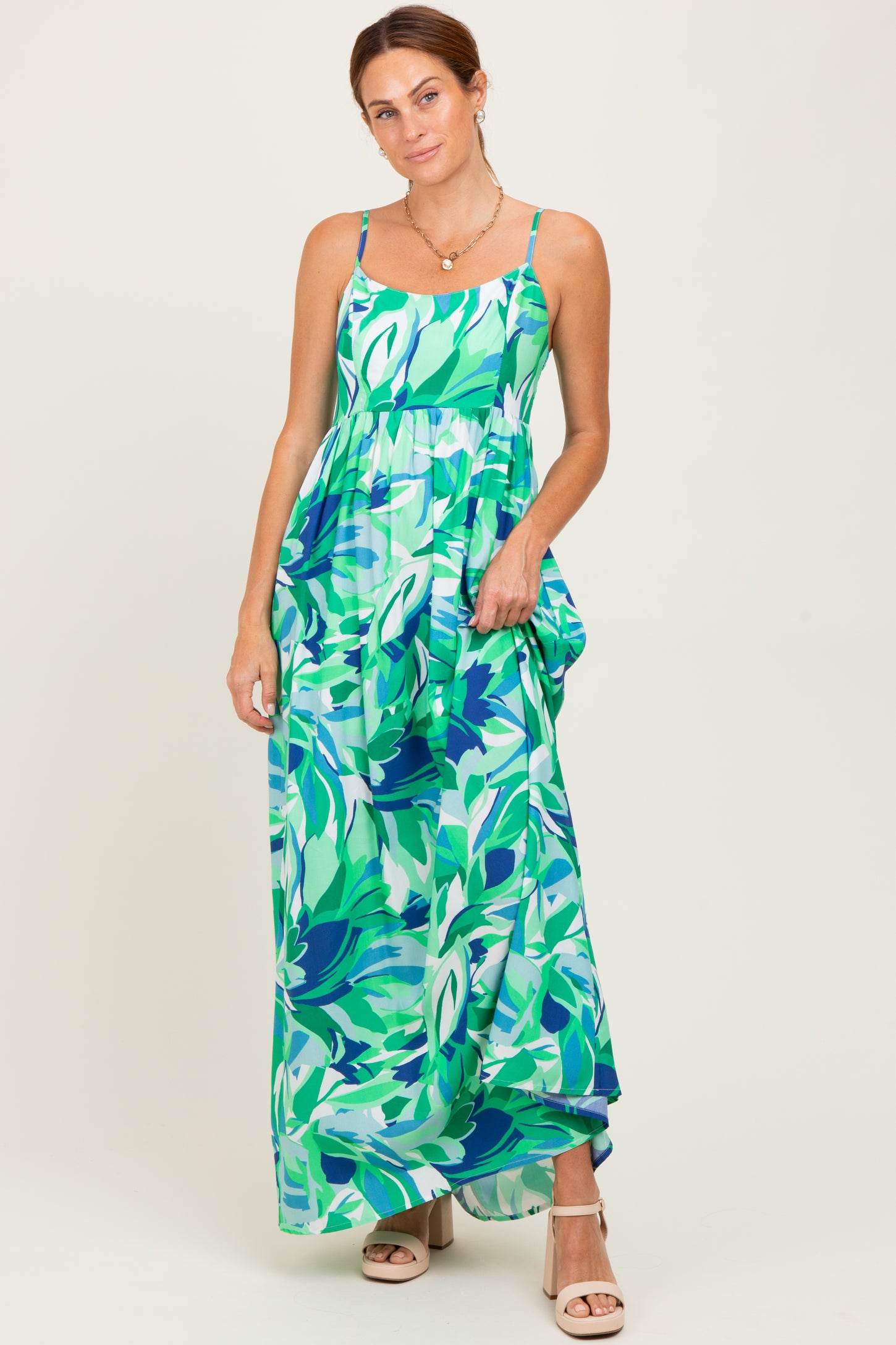 Green Printed Shoulder Tie Maternity Maxi Dress