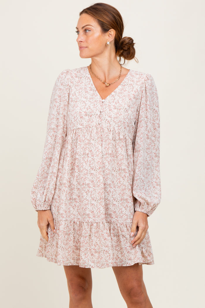 Beige Floral Long Sleeve Maternity Dress