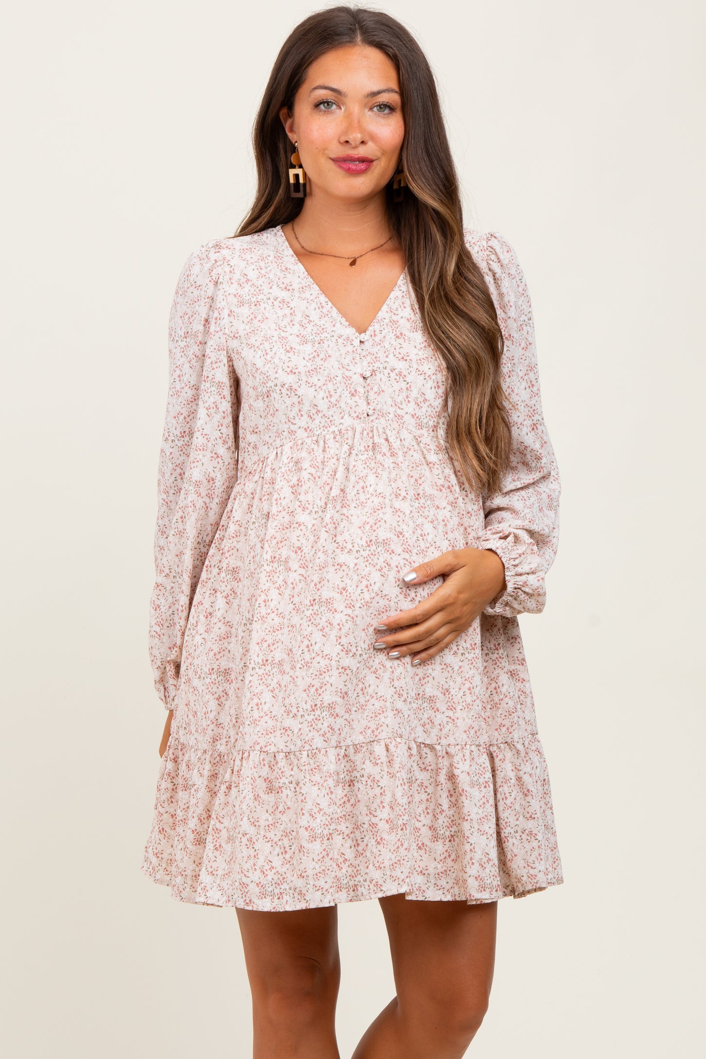 Beige Floral Long Sleeve Maternity Dress